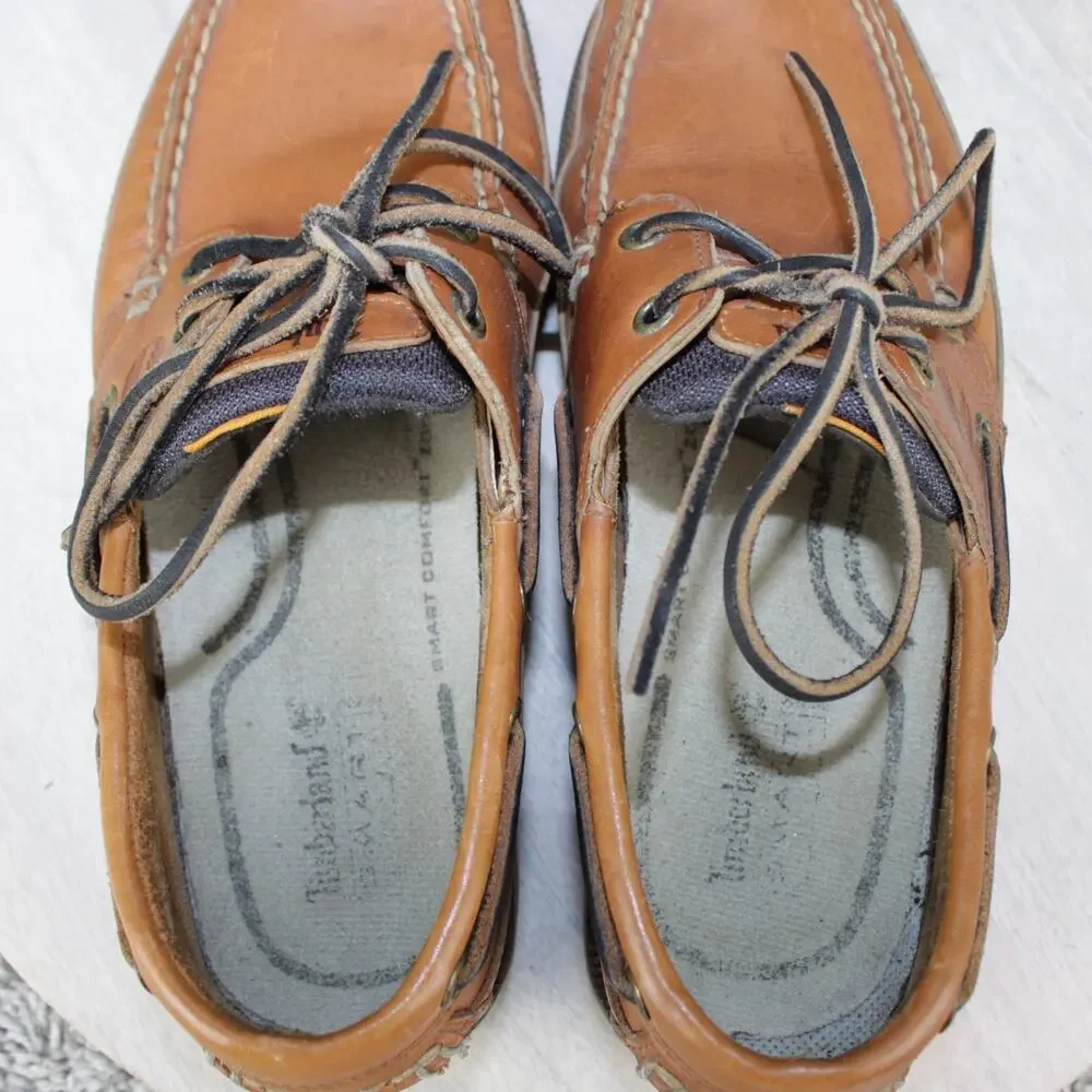 Timberland Tan Leather Boat Shoes Mens 8 Moc Toe Deck Casual - Picture 8 of 9
